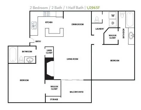 Floor plan for 2 beds, 2 baths, 1096 sqft